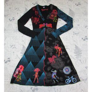 Y2K Desigual Mixed Print Black and Red Asian Inspired Long Slv fun midi Dress S
